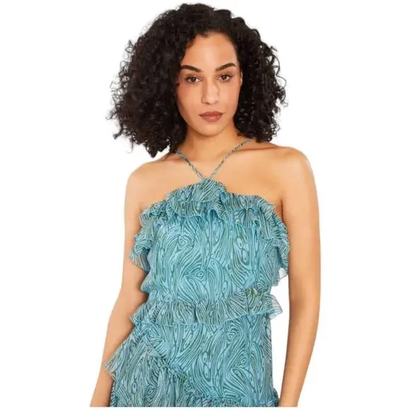 Cinq á Sept NWT Rayner Dress Celeste Size 0 Halter Midi Cascading Ruffles Blue Women